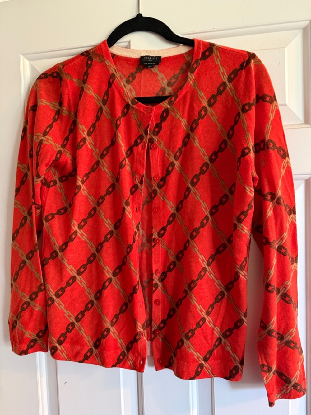 Talbots Orange and Brown Chain-Print Merino Cardigan